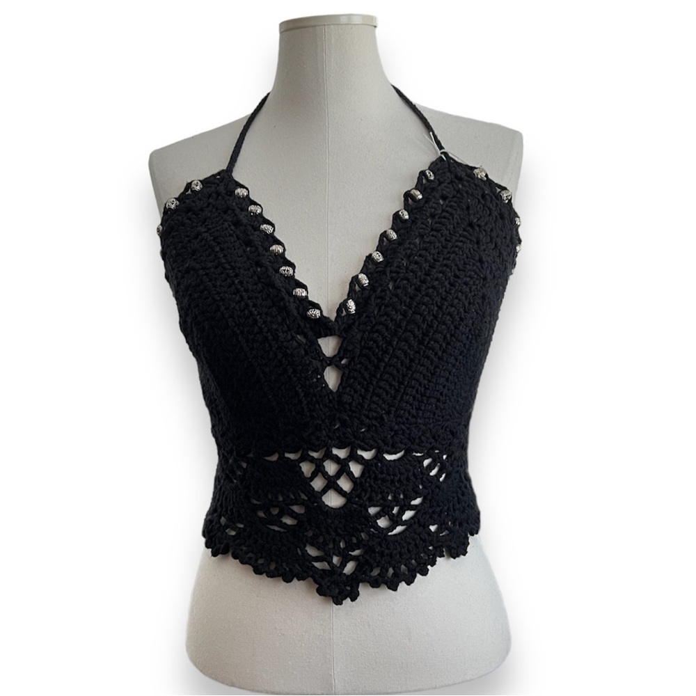 Hand crocheted with silver tone beads halter top. Size Med.